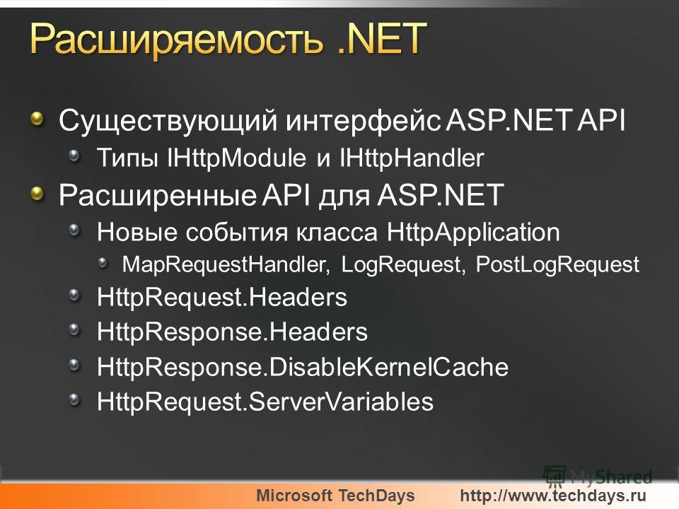 Microsoft TechDayshttp://www.techdays.ru Существующий интерфейс ASP.NET API Типы IHttpModule и IHttpHandler Расширенные API для ASP.NET Новые события класса HttpApplication MapRequestHandler, LogRequest, PostLogRequest HttpRequest.Headers HttpRespons