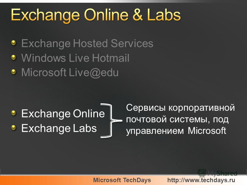 Microsoft TechDayshttp://www.techdays.ru Exchange Online Exchange Labs Сервисы корпоративной почтовой системы, под управлением Microsoft Exchange Hosted Services Windows Live Hotmail Microsoft Live@edu