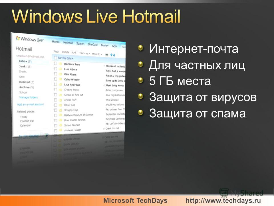 Microsoft TechDayshttp://www.techdays.ru Интернет-почта Для частных лиц 5 ГБ места Защита от вирусов Защита от спама