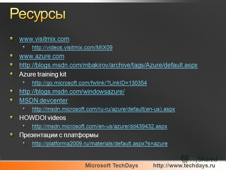 Microsoft TechDayshttp://www.techdays.ru www.visitmix.com http://videos.visitmix.com/MIX09 www.azure.com http://blogs.msdn.com/mbakirov/archive/tags/Azure/default.aspx Azure training kit http://go.microsoft.com/fwlink/?LinkID=130354 http://blogs.msdn
