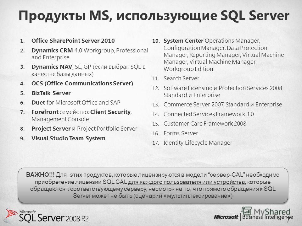 Продукты MS, использующие SQL Server 1. Office SharePoint Server 2010 2. Dynamics CRM 4.0 Workgroup, Professional and Enterprise 3. Dynamics NAV, SL, GP (если выбран SQL в качестве базы данных) 4. OCS (Office Communications Server) 5. BizTalk Server 