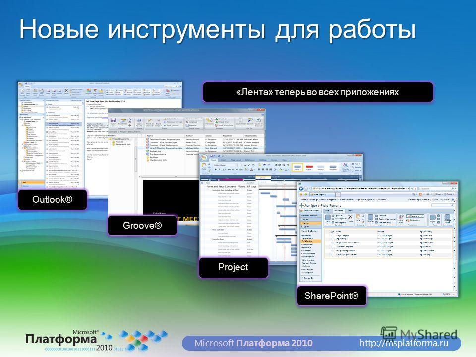 http://msplatforma.ruMicrosoft Платформа 2010 Новые инструменты для работы «Лента» теперь во всех приложениях Outlook® SharePoint® Project Groove®