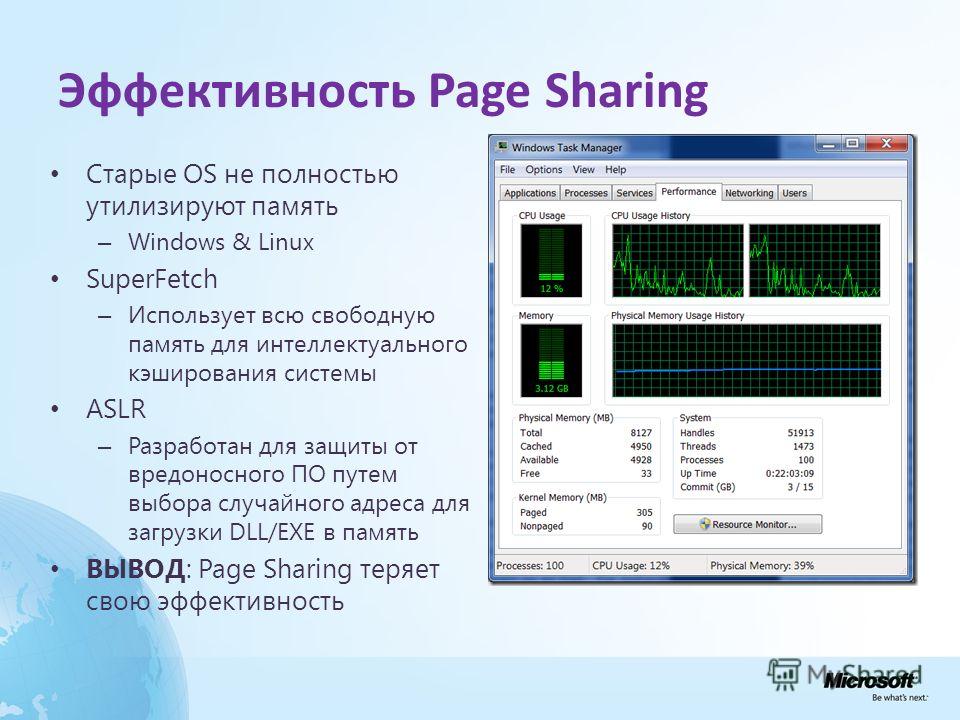 Эффективность Page Sharing Старые OS не полностью утилизируют память – Windows & Linux SuperFetch – Использует всю свободную память для интеллектуального кэширования системы ASLR – Разработан для защиты от вредоносного ПО путем выбора случайного адре