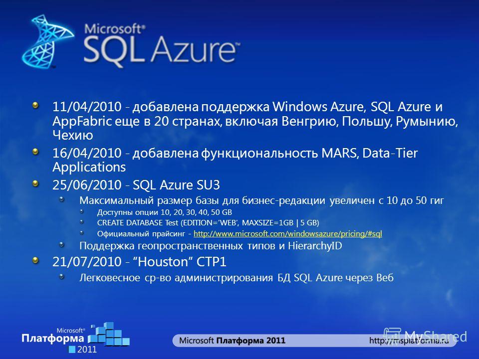 11/04/2010 - добавлена поддержка Windows Azure, SQL Azure и AppFabric еще в 20 странах, включая Венгрию, Польшу, Румынию, Чехию 16/04/2010 - добавлена функциональность MARS, Data-Tier Applications 25/06/2010 - SQL Azure SU3 Максимальный размер базы д