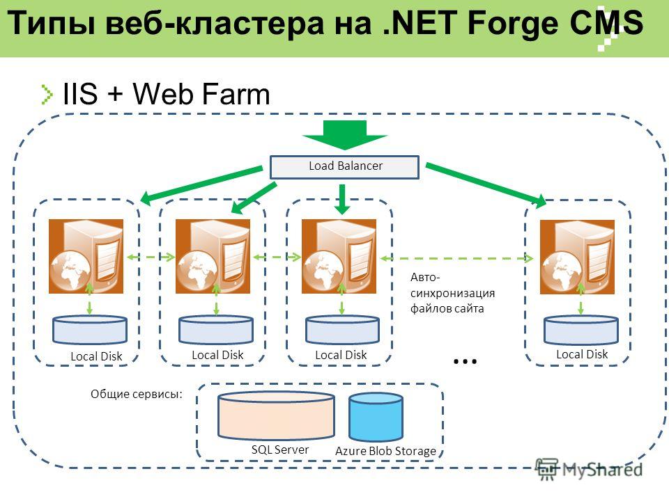 Типы веб-кластера на.NET Forge CMS IIS + Web Farm Local Disk Load Balancer … SQL Server Azure Blob Storage Общие сервисы: Авто- синхронизация файлов сайта Local Disk
