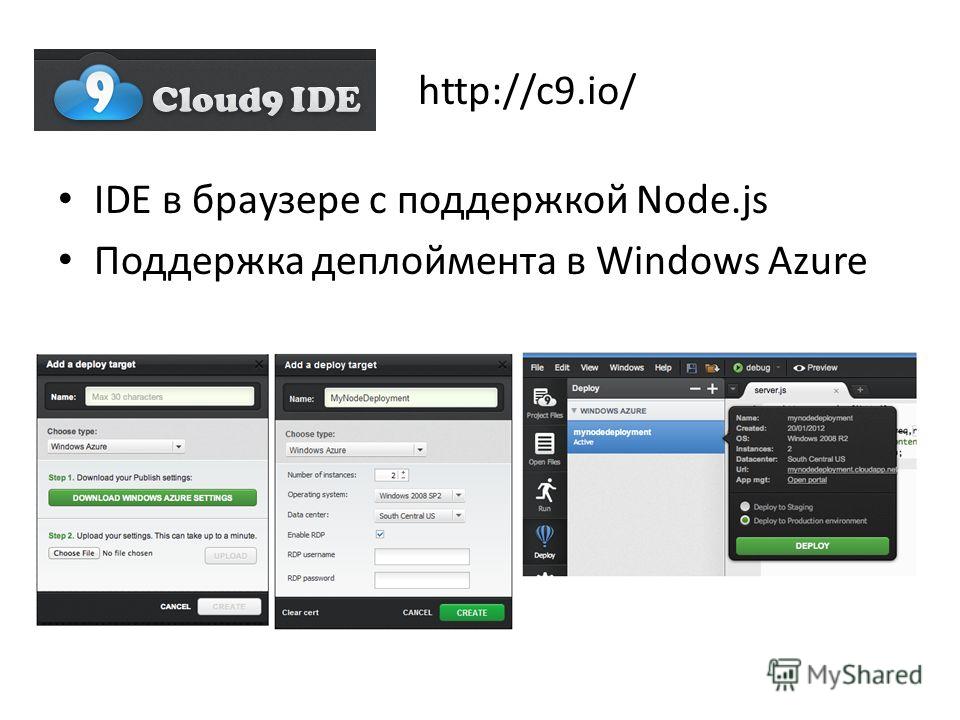 IDE в браузере с поддержкой Node.js Поддержка деплоймента в Windows Azure http://c9.io/