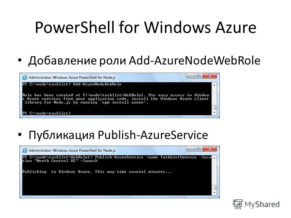 PowerShell for Windows Azure Добавление роли Add-AzureNodeWebRole Публикация Publish-AzureService