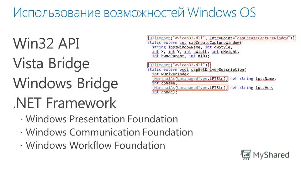 Использование возможностей Windows OS Win32 API Vista Bridge Windows Bridge.NET Framework Windows Presentation Foundation Windows Communication Foundation Windows Workflow Foundation