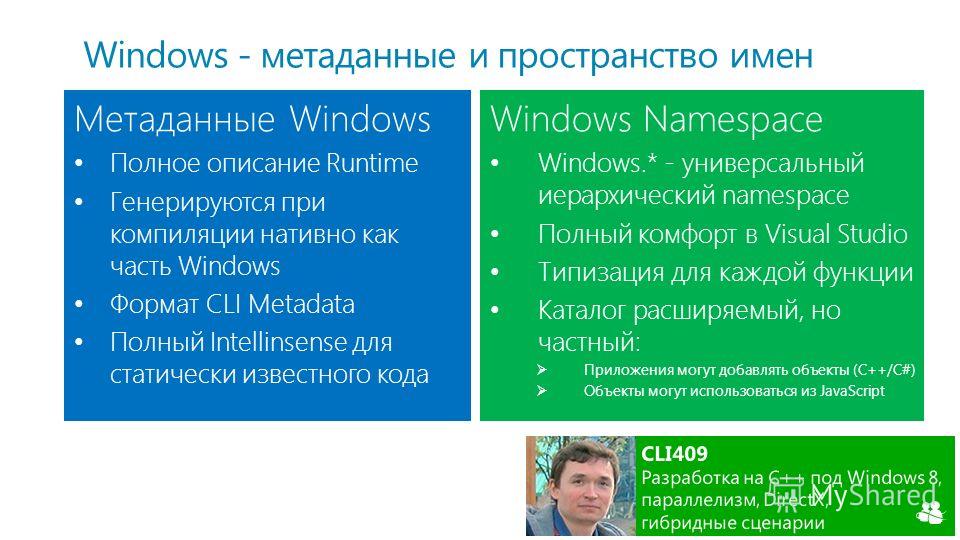 Windows - метаданные и пространство имен Метаданные Windows Полное описание Runtime Генерируются при компиляции нативно как часть Windows Формат CLI Metadata Полный Intellinsense для статически известного кода Windows Namespace Windows.* - универсаль