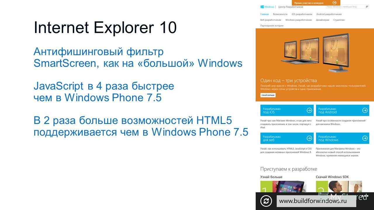 Internet Explorer 10 Антифишинговый фильтр SmartScreen, как на «большой» Windows JavaScript в 4 раза быстрее чем в Windows Phone 7.5 В 2 раза больше возможностей HTML5 поддерживается чем в Windows Phone 7.5
