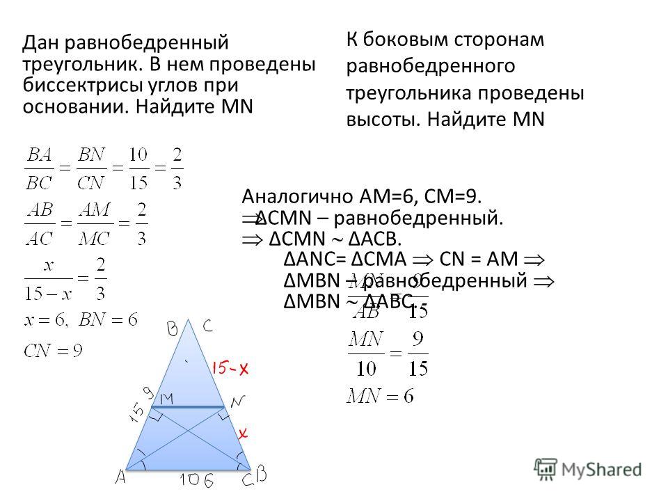 Дан равнобедренный треугольник. В нем проведены биссектрисы углов при основании. Найдите MN К боковым сторонам равнобедренного треугольника проведены высоты. Найдите MN Аналогично АМ=6, СМ=9. CMN – равнобедренный. CMN АСВ. ANC= CMA CN = АM MBN – равн