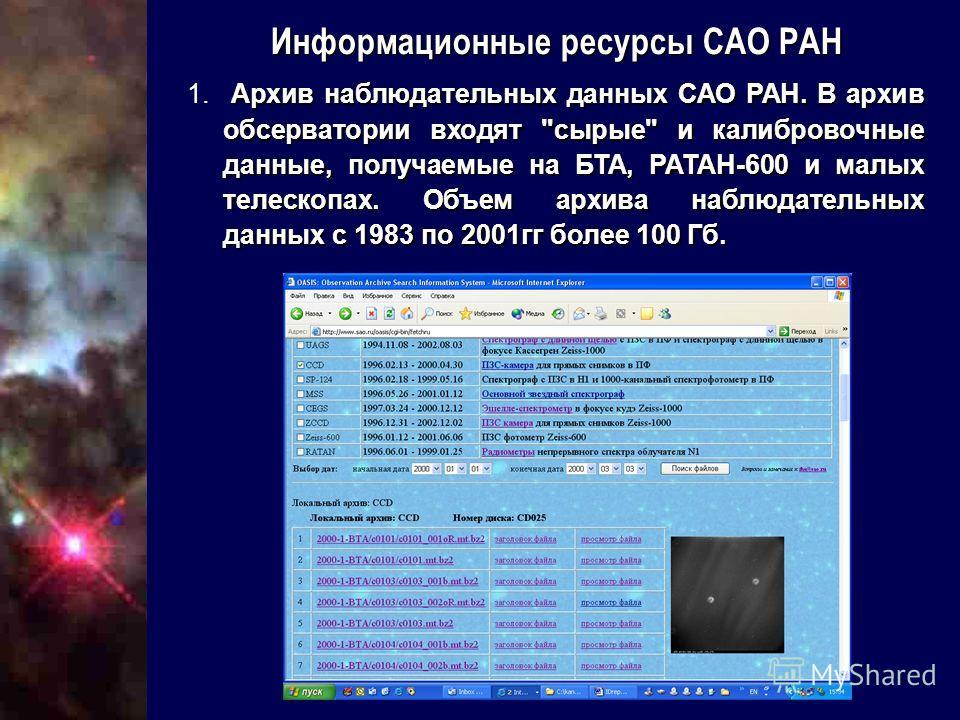 Архив наблюдательных данных САО РАН. В архив обсерватории входят 