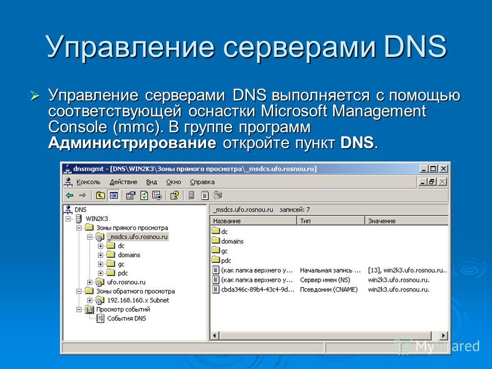 Управление серверами DNS Управление серверами DNS выполняется с помощью соответствующей оснастки Microsoft Management Console (mmc). В группе программ Администрирование откройте пункт DNS. Управление серверами DNS выполняется с помощью соответствующе