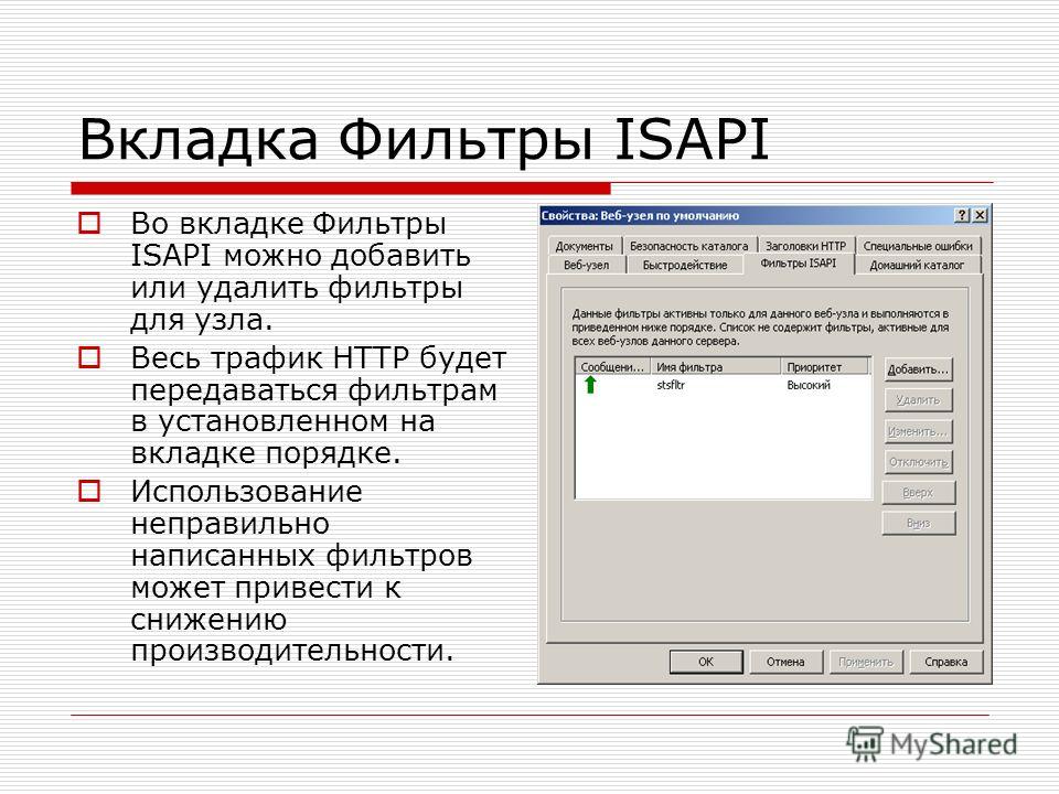 Вкладка Фильтры ISAPI Во вкладке Фильтры ISAPI можно добавить или удалить фильтры для узла. Весь трафик HTTP будет передаваться фильтрам в установленном на вкладке порядке. Использование неправильно написанных фильтров может привести к снижению произ