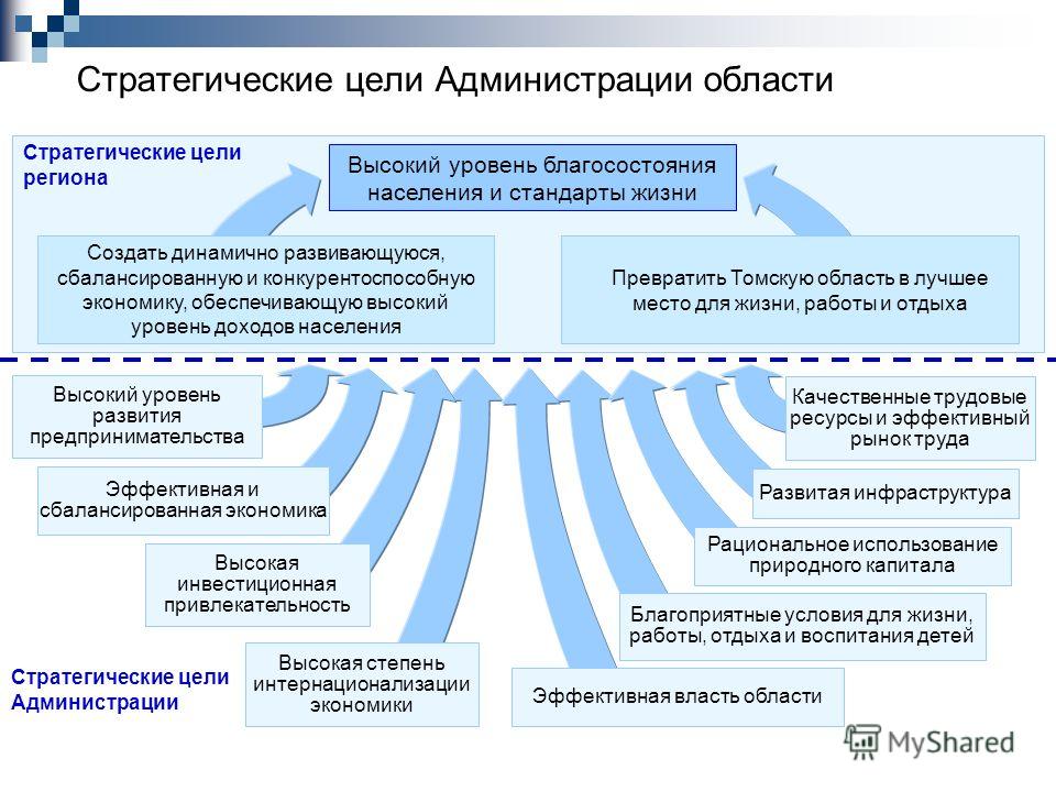 Стратегические цели Администрации области Высокий уровень благосостояния населения и стандарты жизни Создать динамично развивающуюся, сбалансированную и конкурентоспособную экономику, обеспечивающую высокий уровень доходов населения Превратить Томску