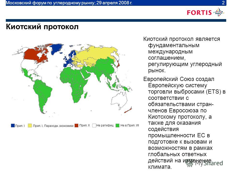 Moscow Carbon Forum | April 29 2008 | 2 Киотский протокол Киотский протокол является фундаментальным международным соглашением, регулирующим углеродный рынок. Европейский Союз создал Европейскую систему торговли выбросами (ETS) в соответствии с обяза