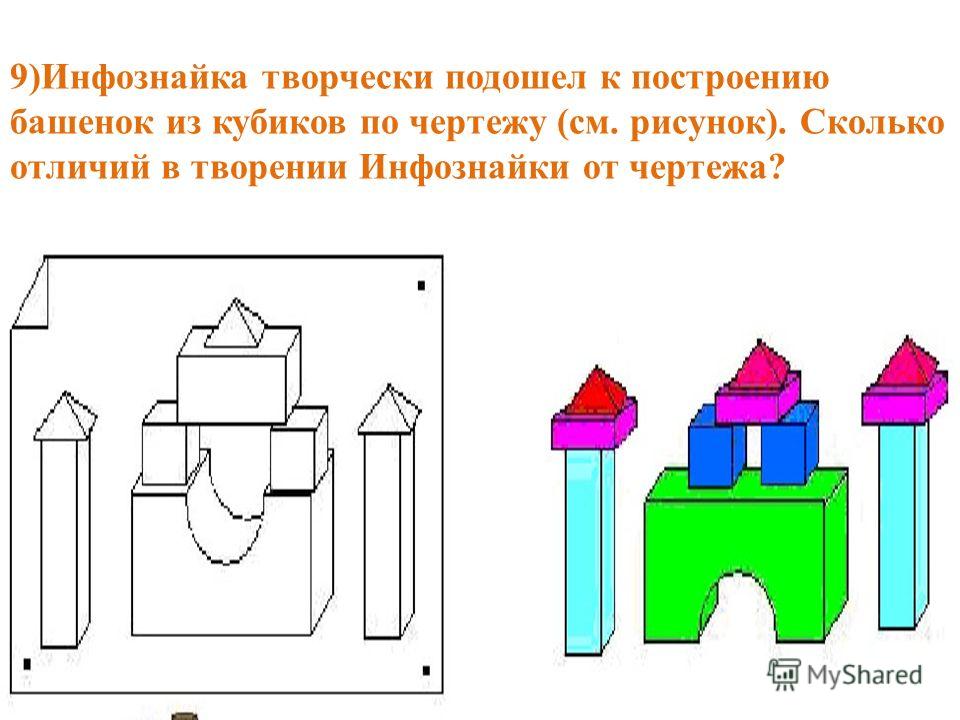 9)Инфознайка творчески подошел к построению башенок из кубиков по чертежу (см. рисунок). Сколько отличий в творении Инфознайки от чертежа?