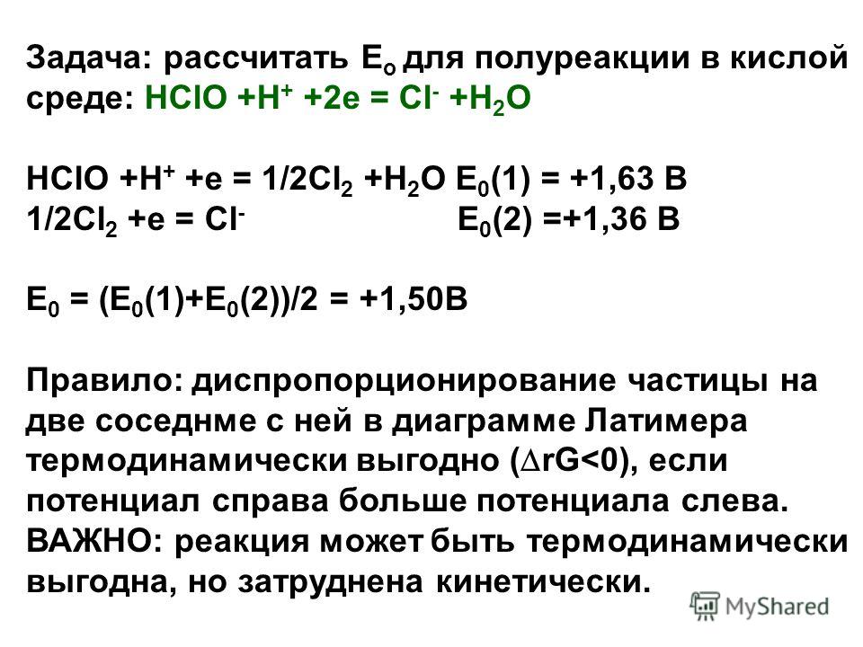 Задача: рассчитать Е о для полуреакции в кислой среде: HClO +H + +2e = Cl - +H 2 O HClO +H + +e = 1/2Cl 2 +H 2 O E 0 (1) = +1,63 B 1/2Cl 2 +e = Cl - E 0 (2) =+1,36 B E 0 = (E 0 (1)+E 0 (2))/2 = +1,50B Правило: диспропорционирование частицы на две сос