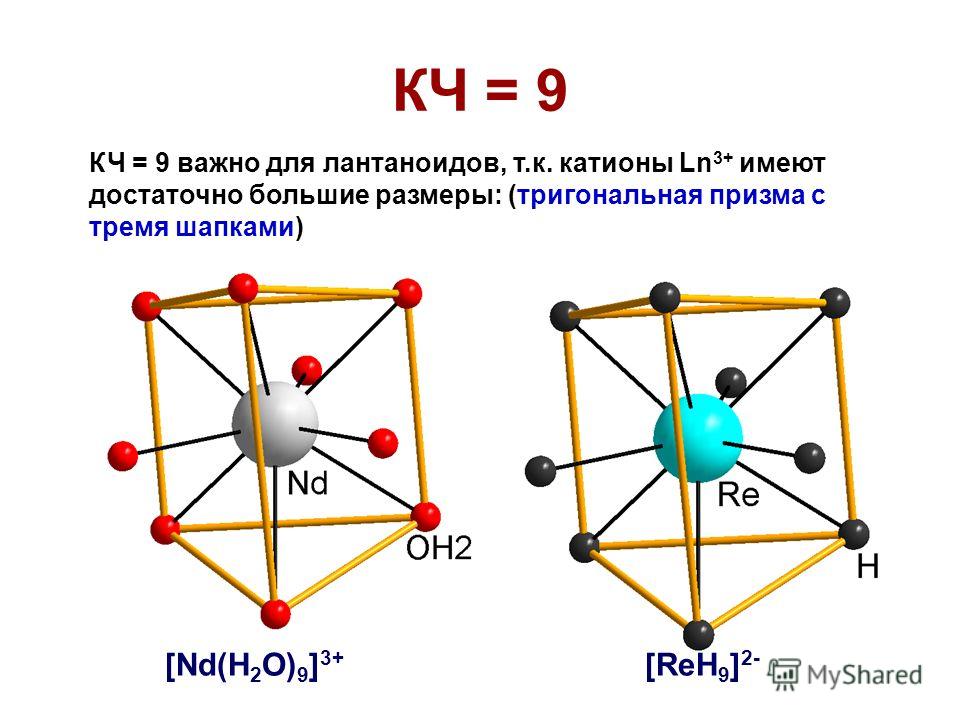 КЧ = 9 КЧ = 9 важно для лантаноидов, т.к. катионы Ln 3+ имеют достаточно большие размеры: (тригональная призма с тремя шапками) [Nd(H 2 O) 9 ] 3+ [ReH 9 ] 2-
