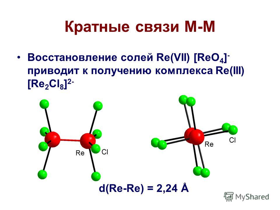 Кратные связи М-М Восстановление солей Re(VII) [ReO 4 ] - приводит к получению комплекса Re(III) [Re 2 Cl 8 ] 2- d(Re-Re) = 2,24 Å