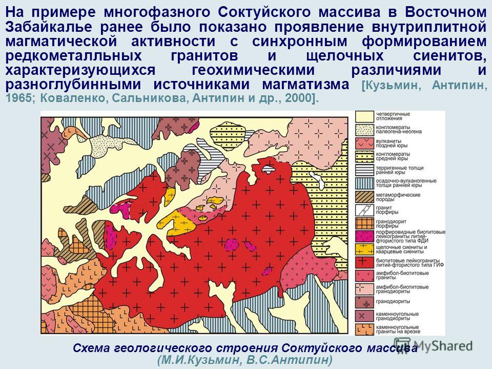 Схема геологического строения Соктуйского массива (М.И.Кузьмин, В.С.Антипин) На примере многофазного Соктуйского массива в Восточном Забайкалье ранее было показано проявление внутриплитной магматической активности с синхронным формированием редкомета