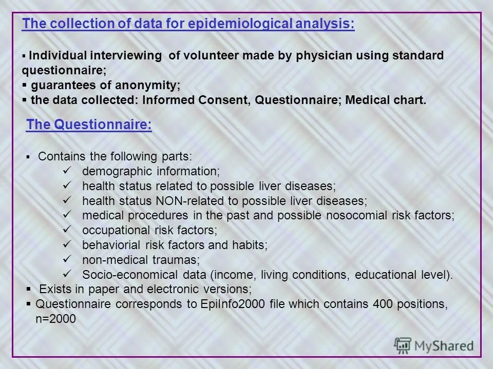 The collection of data for epidemiological analysis: Individual interviewing of volunteer made by physician using standard questionnaire; guarantees of anonymity; the data collected: Informed Consent, Questionnaire; Medical chart. The Questionnaire: 