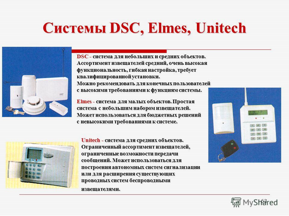 63 Системы DSC, Elmes, Unitech Системы DSC, Elmes, Unitech DSC - система для небольших и средних объектов. Ассортимент извещателей средний, очень высокая функциональность, гибкая настройка, требует квалифицированной установки. Можно рекомендовать для