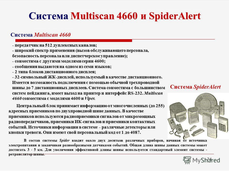 74 Система Multiscan 4660 и SpiderAlert Система Multiscan 4660 - передатчик на 512 дуплексных каналов; - широкий спектр применения (вызов обслуживающего персонала, безопасность персонала или диспетчерское управление); - совместима с другими моделями 