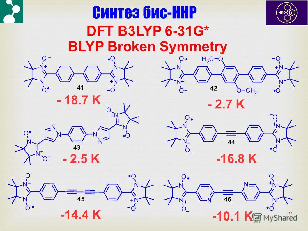 -14.4 K -16.8 K - 18.7 K - 2.7 K - 2.5 K 24 Синтез бис-ННР -10.1 K DFT B3LYP 6-31G* BLYP Broken Symmetry