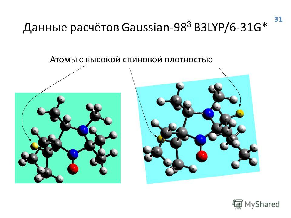 Данные расчётов Gaussian-98 3 B3LYP/6-31G* Атомы с высокой спиновой плотностью 31