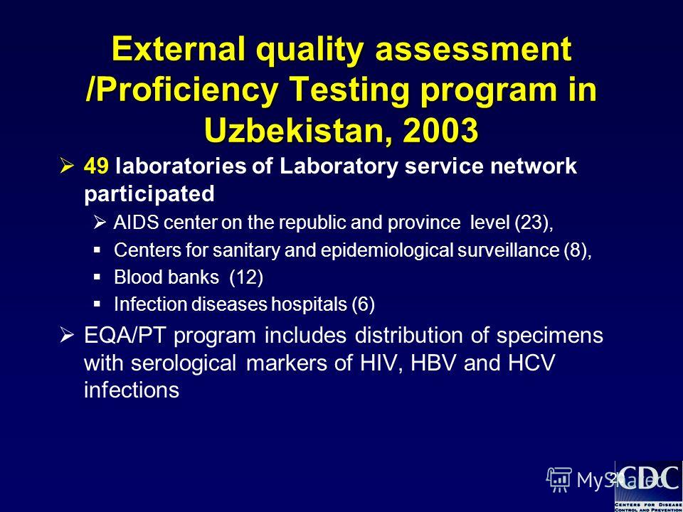 20 External quality assessment /Proficiency Testing program in Uzbekistan, 2003 49 laboratories of Laboratory service network participated AIDS center on the republic and province level (23), Centers for sanitary and epidemiological surveillance (8),