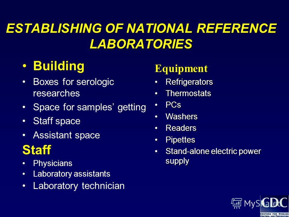 6 ESTABLISHING OF NATIONAL REFERENCE LABORATORIES Building Boxes for serologic researches Space for samples getting Staff space Assistant space Staff Physicians Laboratory assistants Laboratory technician Equipment RefrigeratorsRefrigerators Thermost