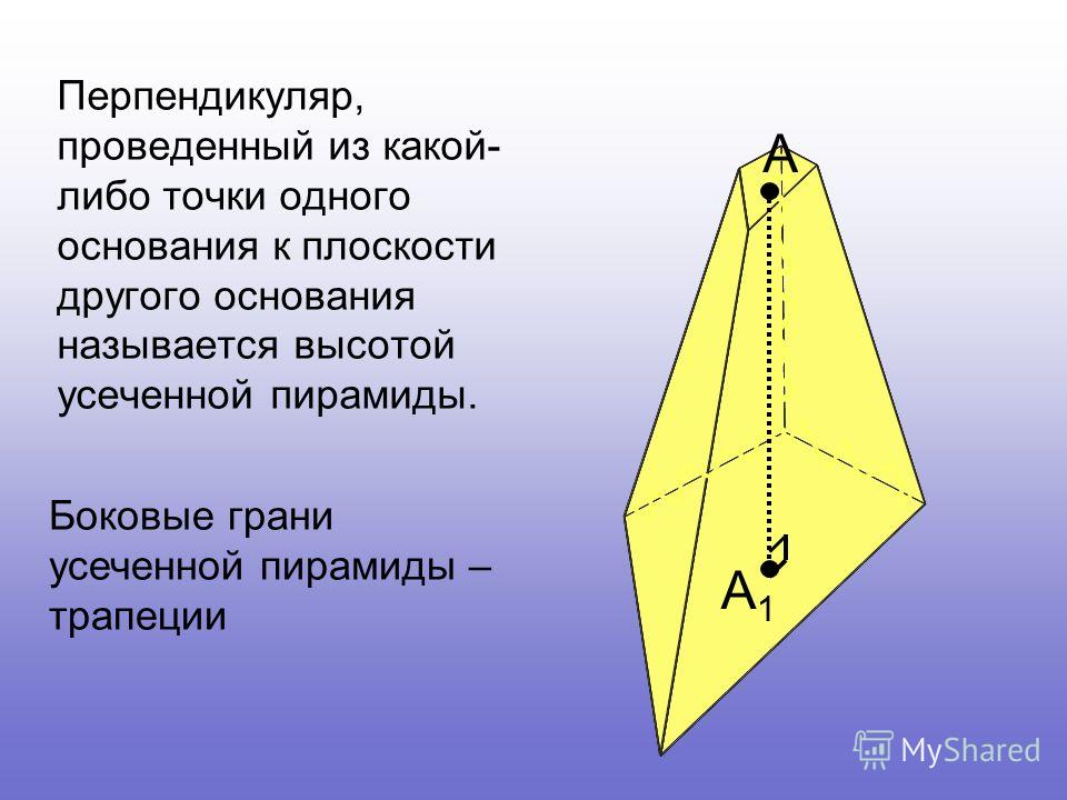 Перпендикуляр, проведенный из какой- либо точки одного основания к плоскости другого основания называется высотой усеченной пирамиды. А1А1 А Боковые грани усеченной пирамиды – трапеции