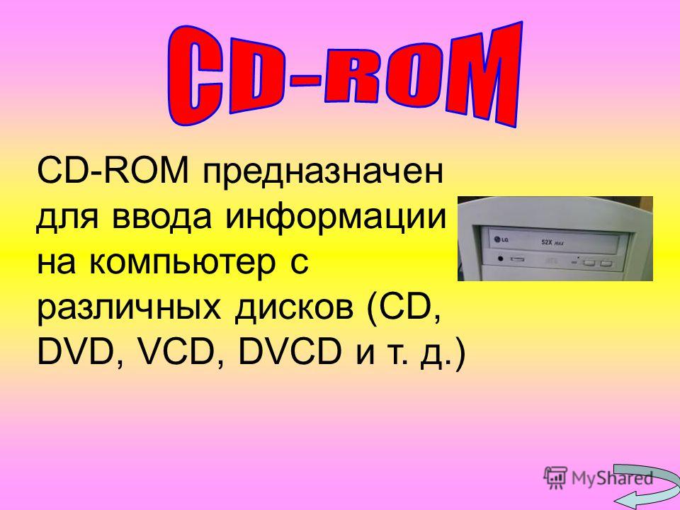 CD-ROM предназначен для ввода информации на компьютер с различных дисков (CD, DVD, VCD, DVCD и т. д.)