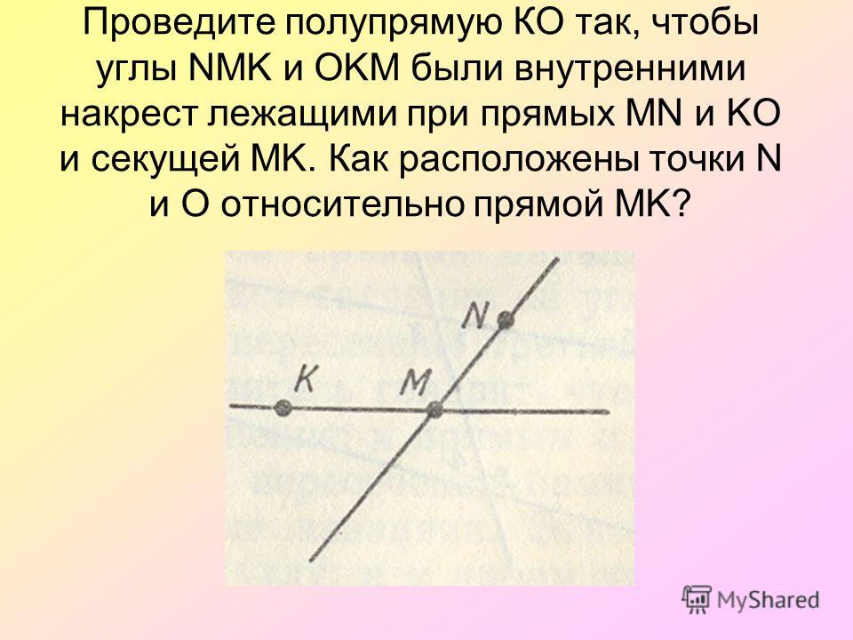 Проведите полупрямую КО так, чтобы углы NMK и OKM были внутренними накрест лежащими при прямых MN и KO и секущей MK. Как расположены точки N и O относительно прямой MK?