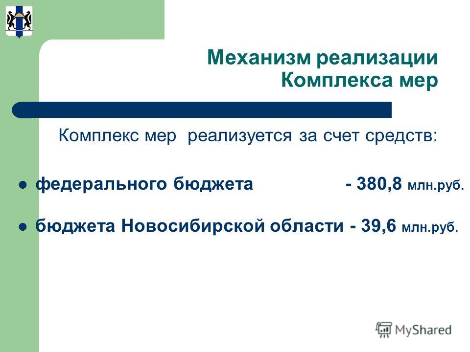 Механизм реализации Комплекса мер Комплекс мер реализуется за счет средств: федерального бюджета - 380,8 млн.руб. бюджета Новосибирской области - 39,6 млн.руб.