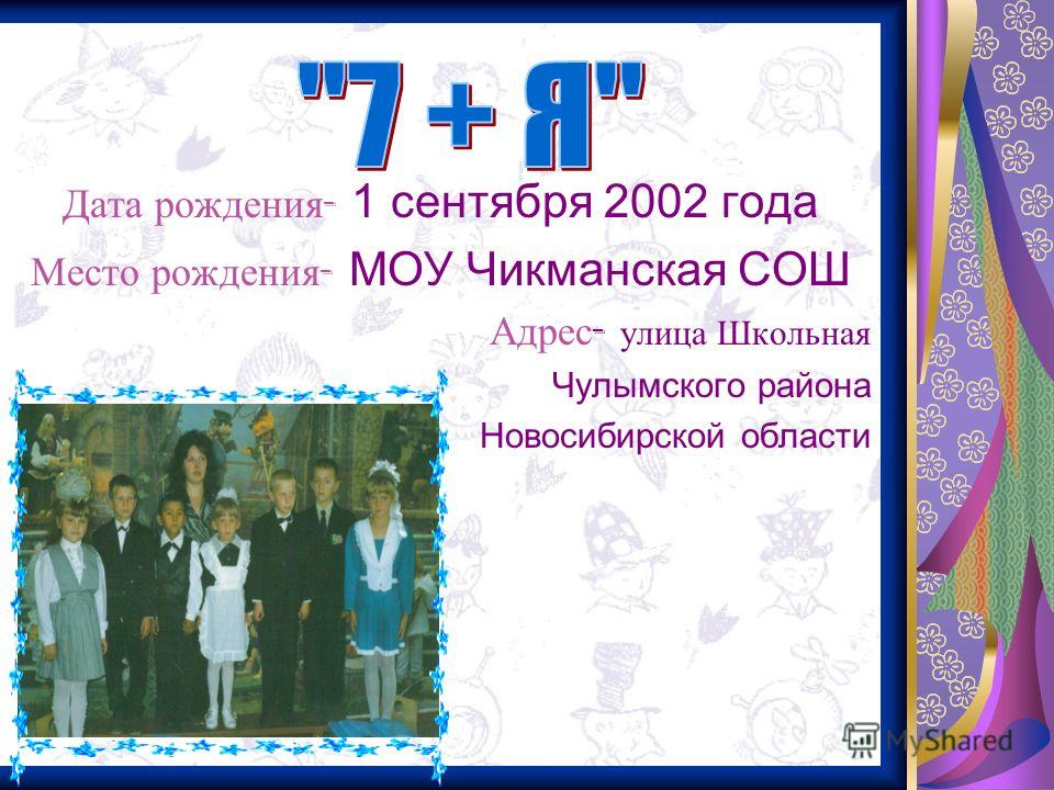 Дата рождения - 1 сентября 2002 года Место рождения - МОУ Чикманская СОШ Адрес - улица Школьная Чулымского района Новосибирской области