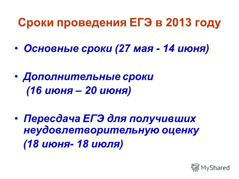 Сроки проведения ЕГЭ в 2013 году Основные сроки (27 мая - 14 июня) Дополнительные сроки (16 июня – 20 июня) Пересдача ЕГЭ для получивших неудовлетворительную оценку (18 июня- 18 июля)