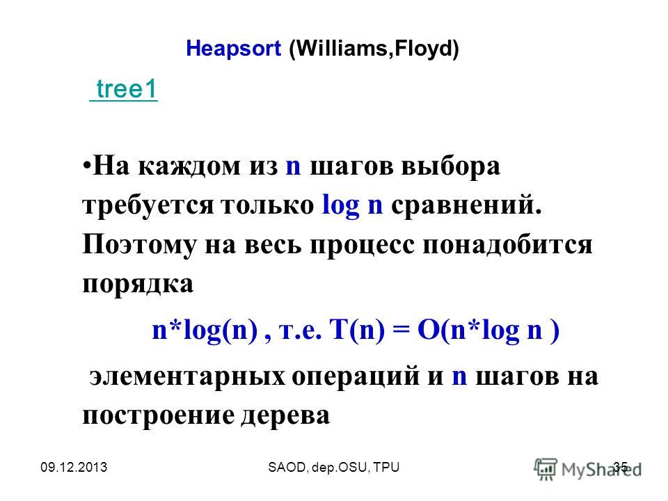 09.12.2013SAOD, dep.OSU, TPU35 tree1 На каждом из n шагов выбора требуется только log n сравнений. Поэтому на весь процесс понадобится порядка n*log(n), т.е. T(n) = O(n*log n ) элементарных операций и n шагов на построение дерева Heapsort (Williams,F
