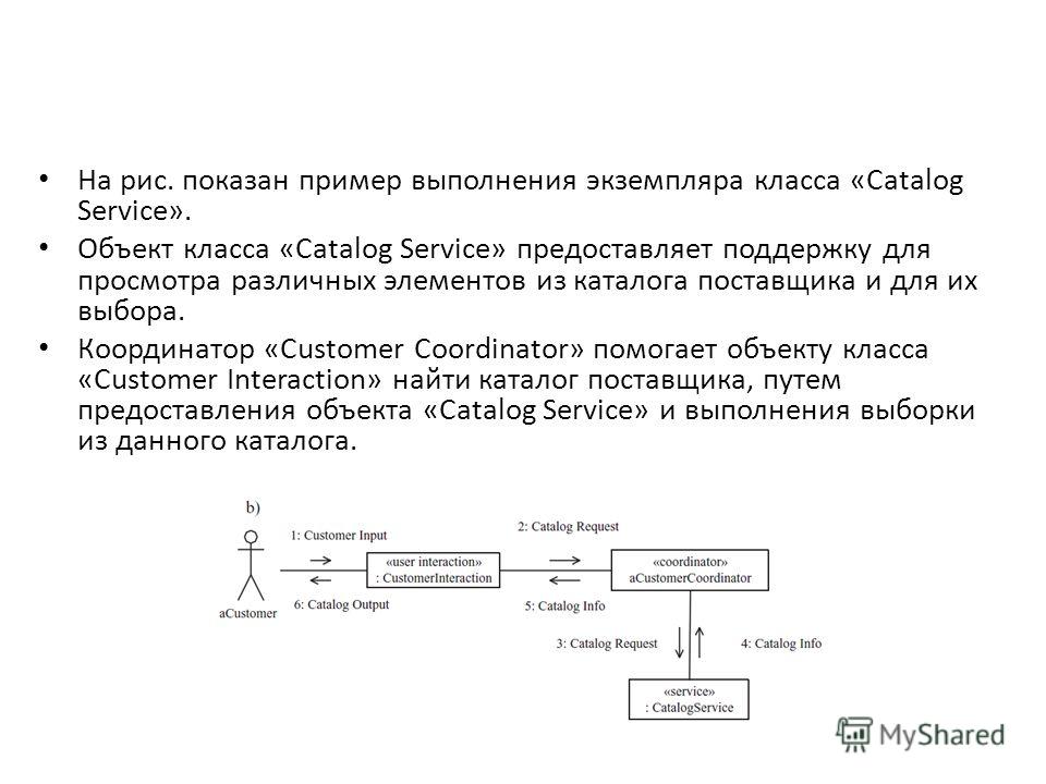 На рис. показан пример выполнения экземпляра класса «Catalog Service». Объект класса «Catalog Service» предоставляет поддержку для просмотра различных элементов из каталога поставщика и для их выбора. Координатор «Customer Coordinator» помогает объек