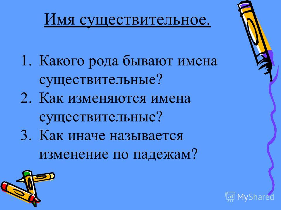 1.Какого рода бывают имена существительные? 2.Как изменяются имена существительные? 3.Как иначе называется изменение по падежам? Имя существительное.