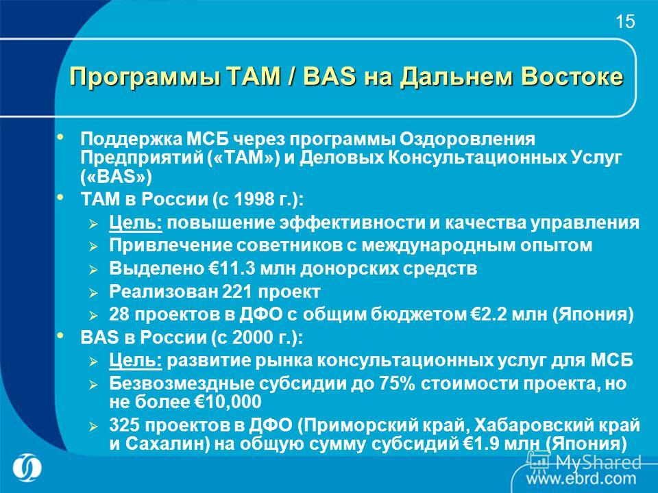 15 Программы TAM / BAS на Дальнем Востоке Поддержка МСБ через программы Оздоровления Предприятий («ТАМ») и Деловых Консультационных Услуг («BAS») ТАМ в России (с 1998 г.): Цель: повышение эффективности и качества управления Привлечение советников с м