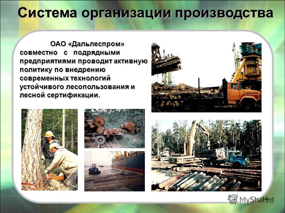 14 ОАО «Дальлеспром» совместно с подрядными предприятиями проводит активную политику по внедрению современных технологий устойчивого лесопользования и лесной сертификации. Система организации производства Система организации производства