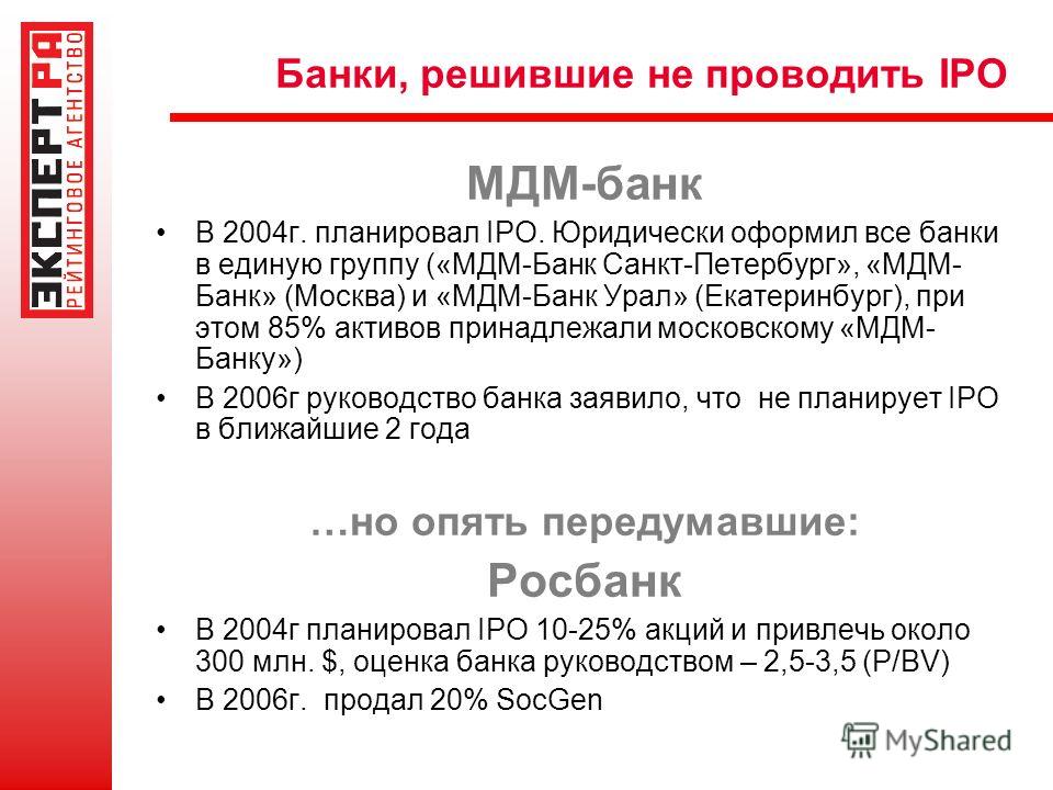 Банки, решившие не проводить IPO МДМ-банк В 2004г. планировал IPO. Юридически оформил все банки в единую группу («МДМ-Банк Санкт-Петербург», «МДМ- Банк» (Москва) и «МДМ-Банк Урал» (Екатеринбург), при этом 85% активов принадлежали московскому «МДМ- Ба