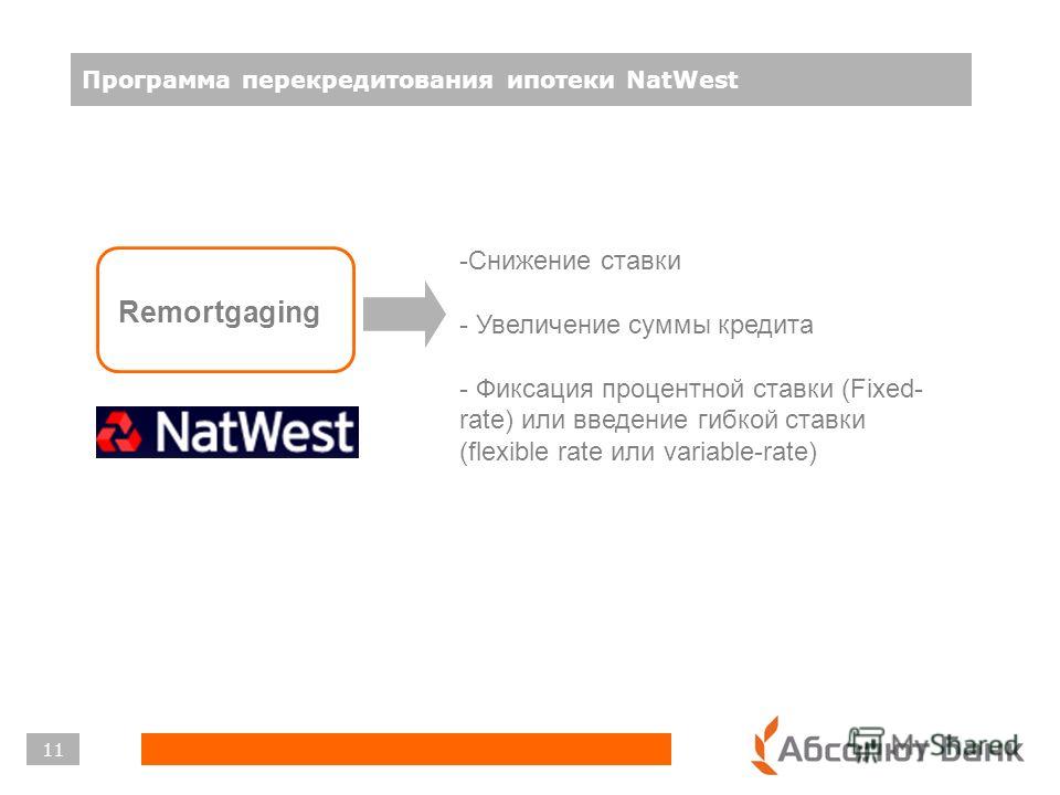 Программа перекредитования ипотеки NatWest 11 Remortgaging -Снижение ставки - Увеличение суммы кредита - Фиксация процентной ставки (Fixed- rate) или введение гибкой ставки (flexible rate или variable-rate)