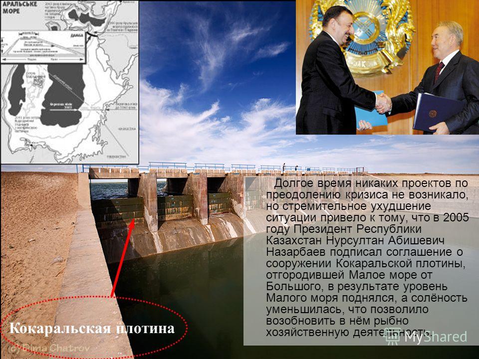 Долгое время никаких проектов по преодолению кризиса не возникало, но стремительное ухудшение ситуации привело к тому, что в 2005 году Президент Республики Казахстан Нурсултан Абишевич Назарбаев подписал соглашение о сооружении Кокаральской плотины, 