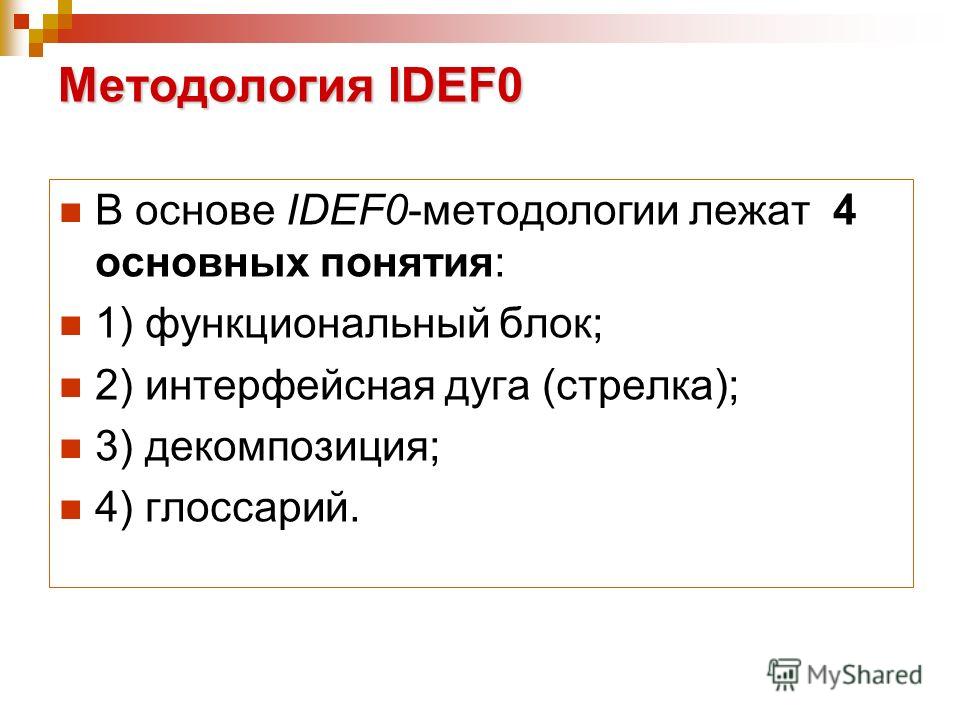Методология IDEF0 В основе IDEF0-методологии лежат 4 основных понятия: 1) функциональный блок; 2) интерфейсная дуга (стрелка); 3) декомпозиция; 4) глоссарий.
