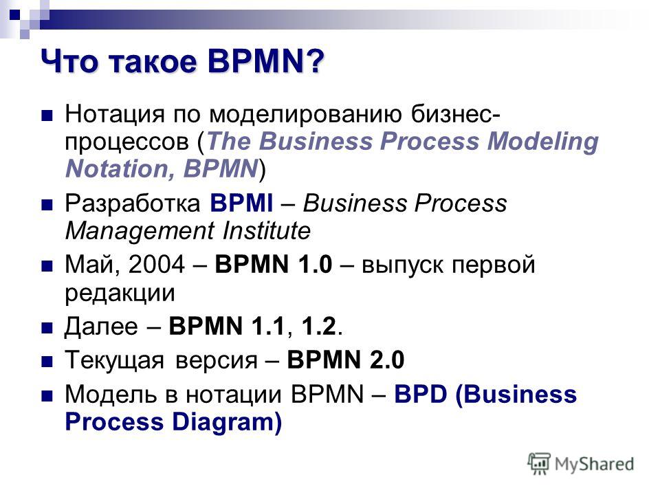 Что такое BPMN? Нотация по моделированию бизнес- процессов (The Business Process Modeling Notation, BPMN) Разработка BPMI – Business Process Management Institute Май, 2004 – BPMN 1.0 – выпуск первой редакции Далее – BPMN 1.1, 1.2. Текущая версия – BP