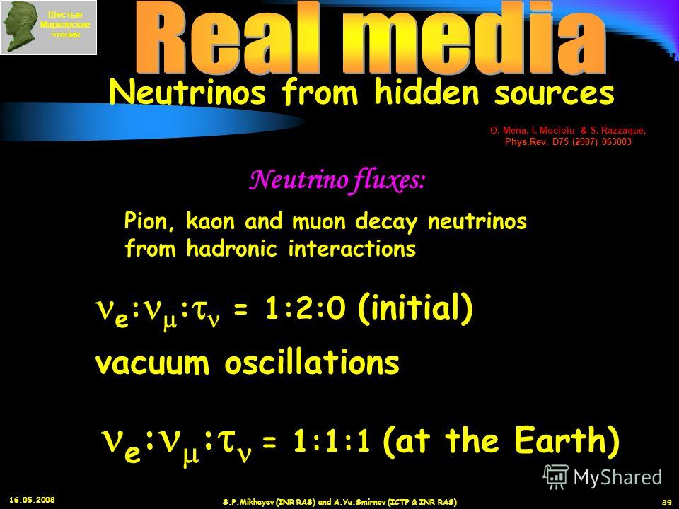 16.05.2008 S.P.Mikheyev (INR RAS) and A.Yu.Smirnov (ICTP & INR RAS) 39 Шестые Марковские чтения Neutrinos from hidden sources O. Mena, I. Mocioiu & S. Razzaque, Phys.Rev. D75 (2007) 063003 Neutrino fluxes: Pion, kaon and muon decay neutrinos from had