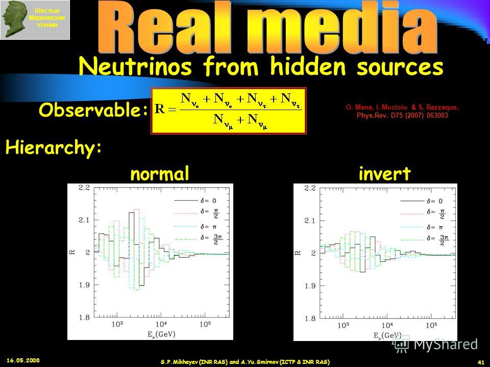 16.05.2008 S.P.Mikheyev (INR RAS) and A.Yu.Smirnov (ICTP & INR RAS) 41 Шестые Марковские чтения Neutrinos from hidden sources O. Mena, I. Mocioiu & S. Razzaque, Phys.Rev. D75 (2007) 063003 Observable: normal Hierarchy: invert